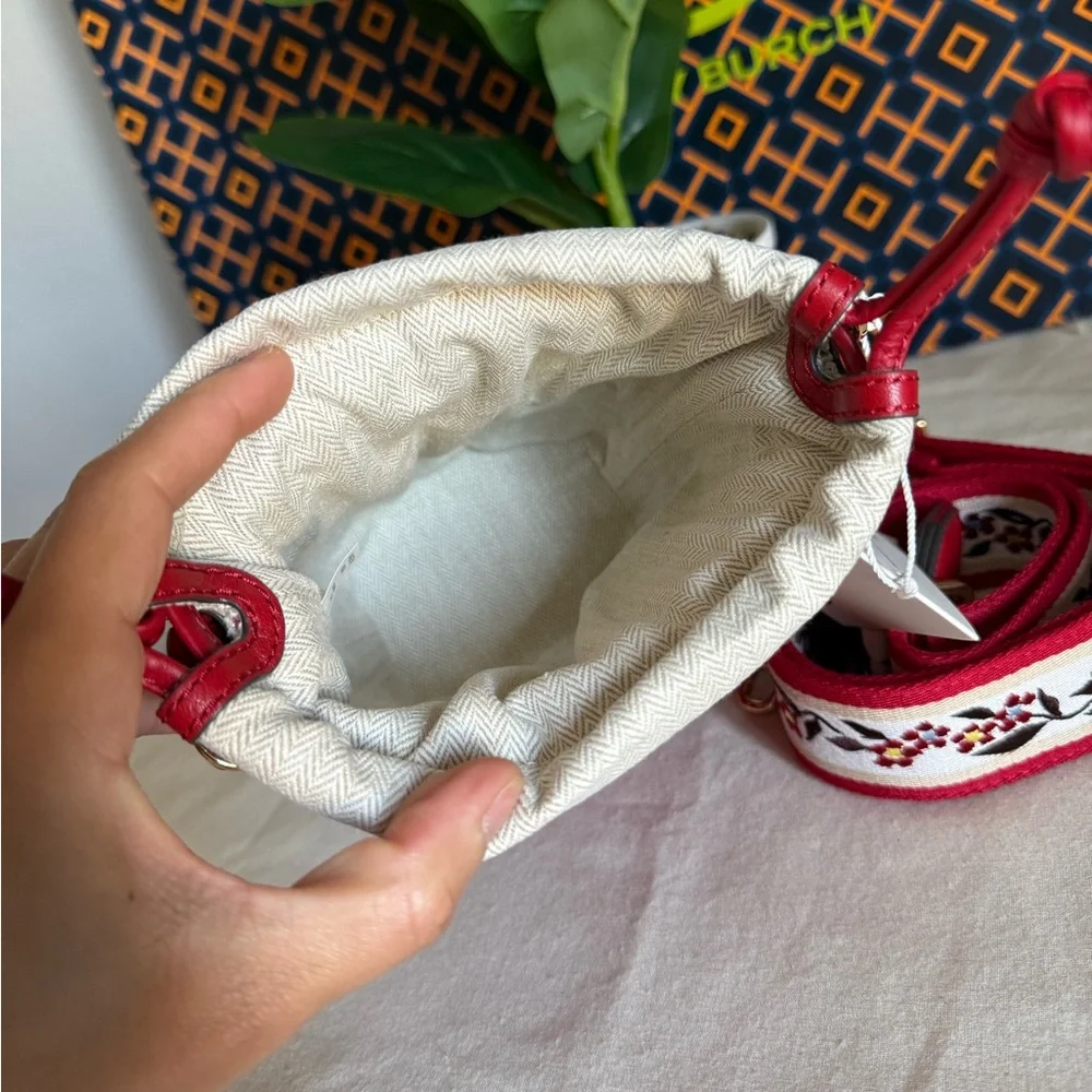 NWT Emerson Warm Red Woven mini Bucket Bag with Embroidered Strap